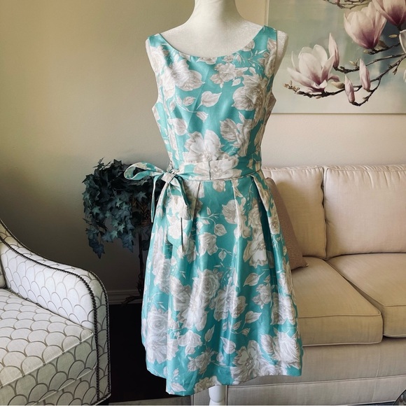 Jessica Howard Turquoise White Taupe Belted Fit And Flare Swing Dress - Picture 1 of 16